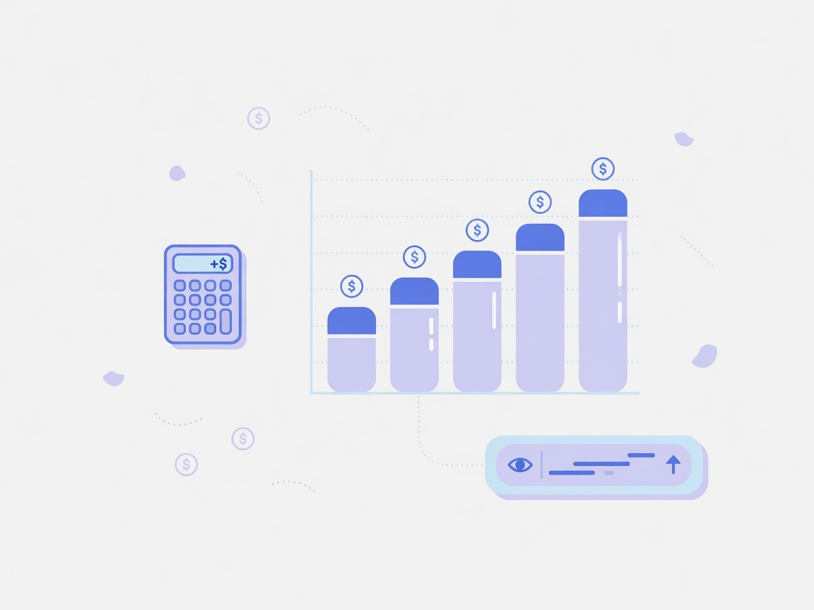 Illustration of rising revenue chart with calculator and page view metrics