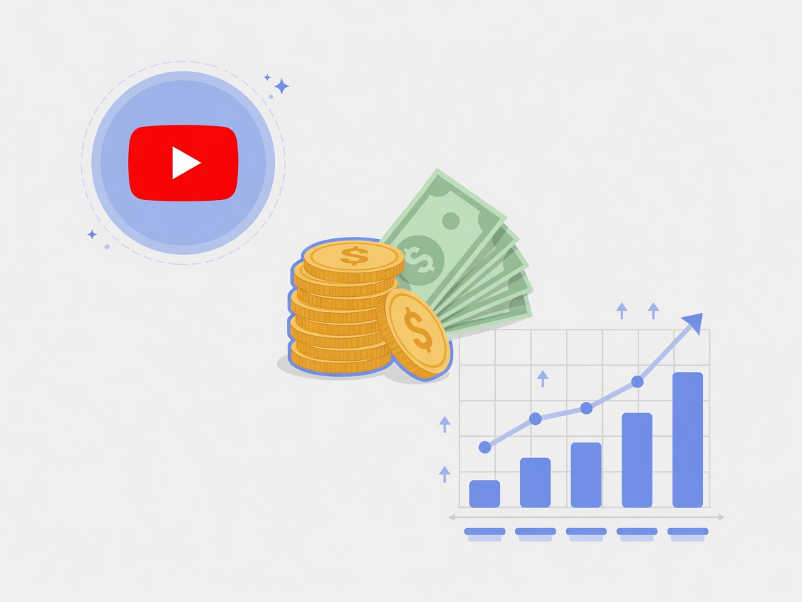 Illustration of YouTube play button with earnings and view count chart